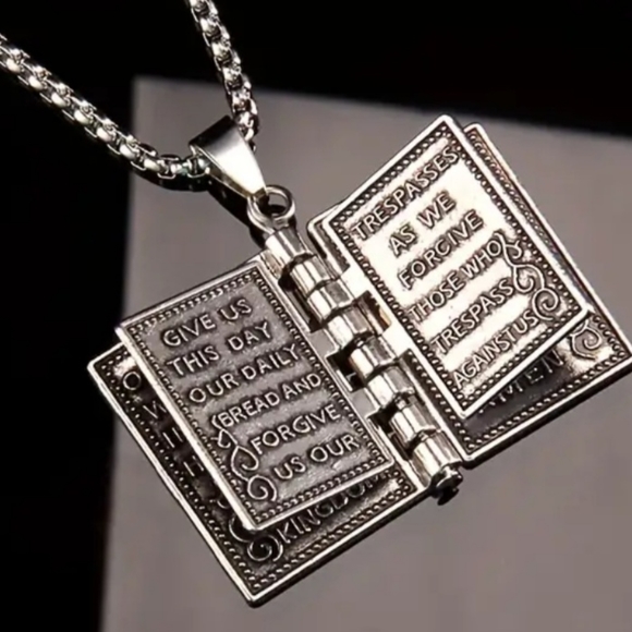 NWOT Lord's Prayer Bible Necklace Stainless Steel Unisex 70cm - Picture 4 of 6
